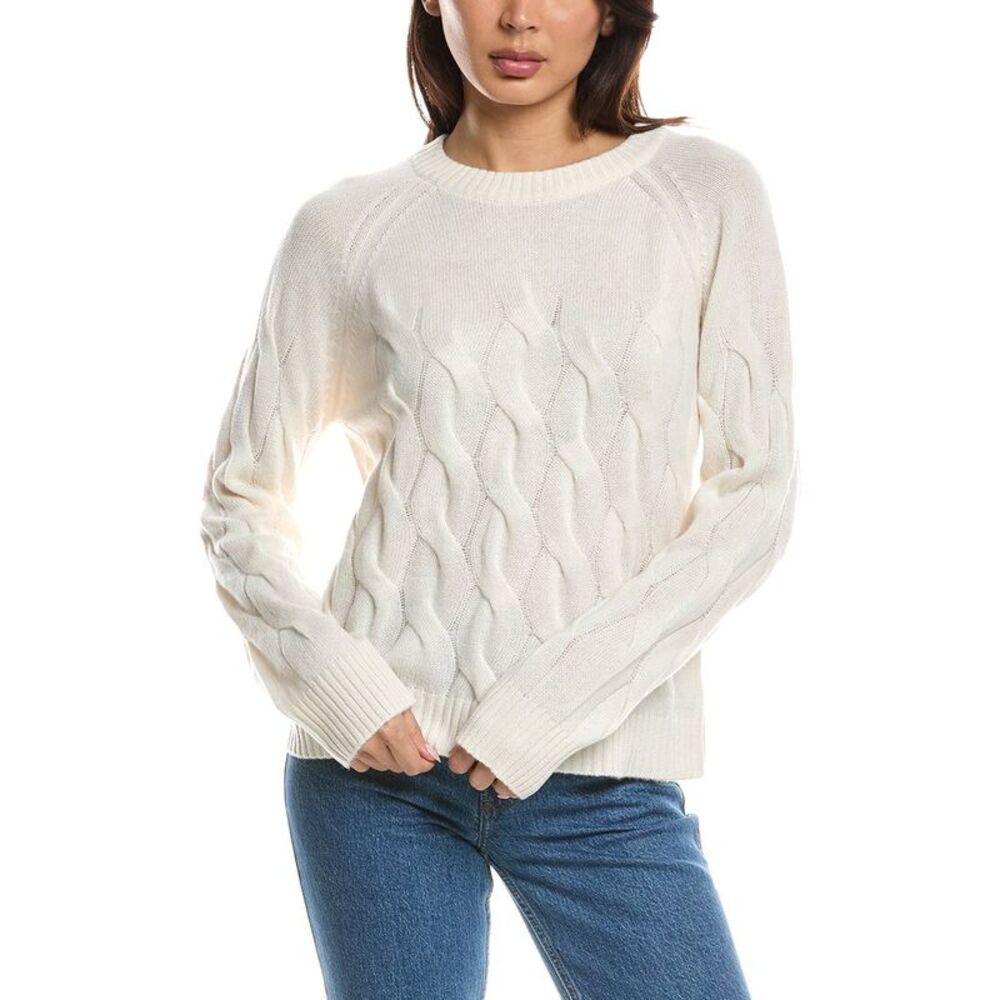 Forte Cashmere Womens Wandering Cable Crewneck 100% Cashmere Sweater, White